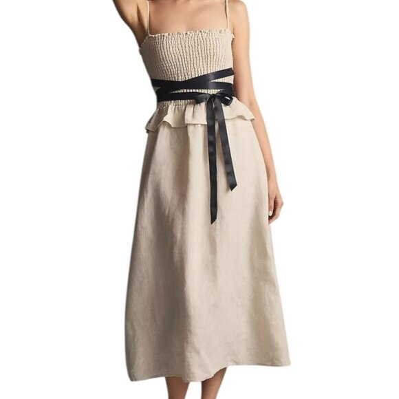 Reformation Womens XS Miles Linen Satin Belted‎ Dress in Oatmeal NWOT - Picture 1 of 16
